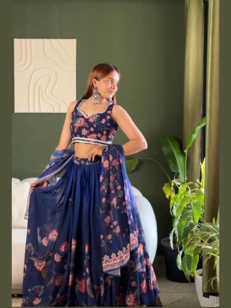 Midnight Blue Floral Print Georgette Lehenga Choli Set with Sequin Embroidery  Lehenga