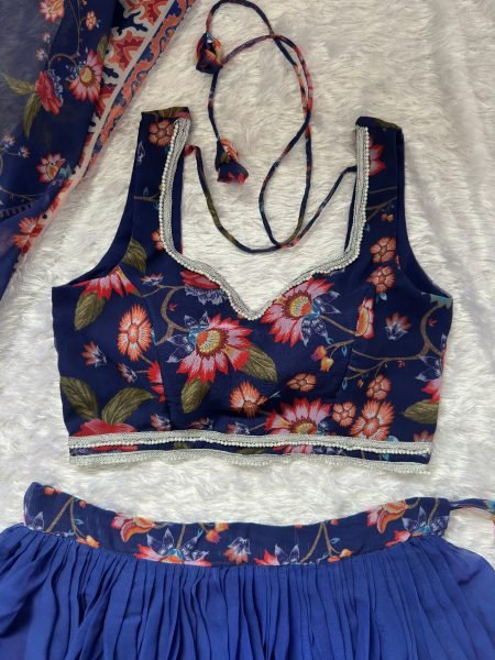 Midnight Blue Floral Print Georgette Lehenga Choli Set with Sequin Embroidery Designer Lehenga Choli