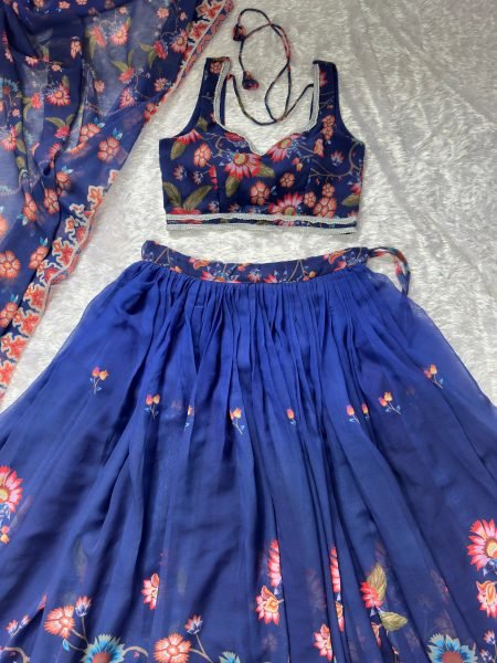 Midnight Blue Floral Print Georgette Lehenga Choli Set with Sequin Embroidery Designer Lehenga Choli