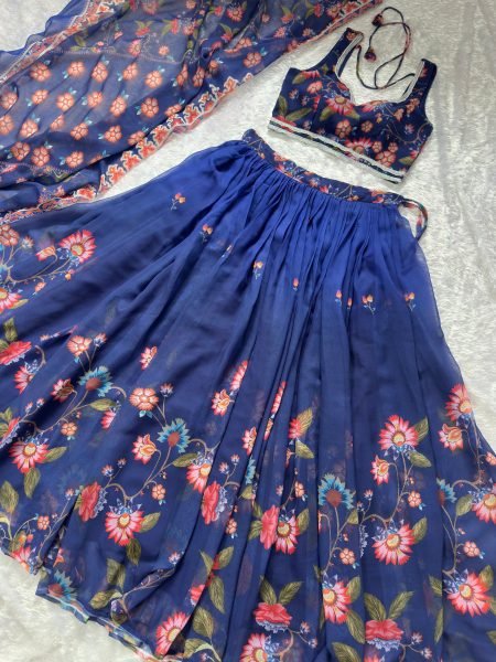 Midnight Blue Floral Print Georgette Lehenga Choli Set with Sequin Embroidery Designer Lehenga Choli