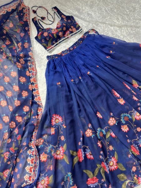 Midnight Blue Floral Print Georgette Lehenga Choli Set with Sequin Embroidery Designer Lehenga Choli