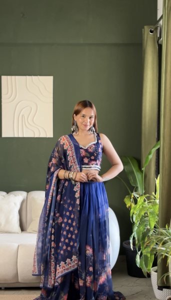 Midnight Blue Floral Print Georgette Lehenga Choli Set with Sequin Embroidery Designer Lehenga Choli