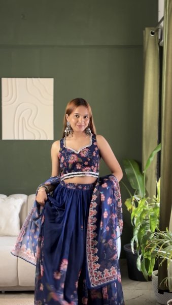 Midnight Blue Floral Print Georgette Lehenga Choli Set with Sequin Embroidery Designer Lehenga Choli