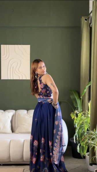 Midnight Blue Floral Print Georgette Lehenga Choli Set with Sequin Embroidery Designer Lehenga Choli