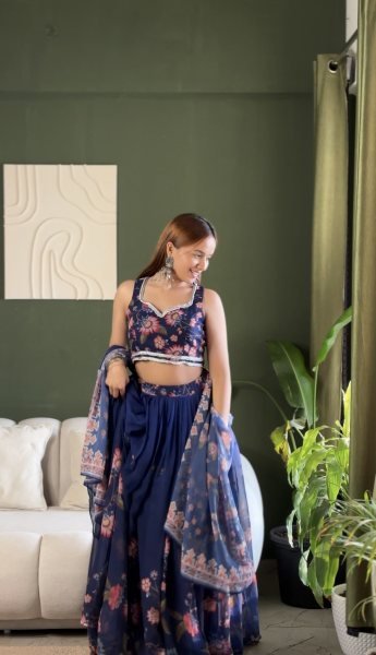 Midnight Blue Floral Print Georgette Lehenga Choli Set with Sequin Embroidery Designer Lehenga Choli