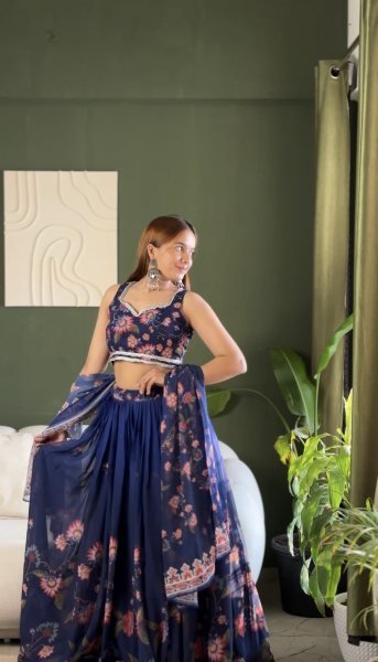 Midnight Blue Floral Print Georgette Lehenga Choli Set with Sequin Embroidery Designer Lehenga Choli