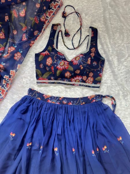 Midnight Blue Floral Print Georgette Lehenga Choli Set with Sequin Embroidery Designer Lehenga Choli