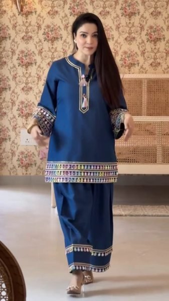 Midnight Blue Roman Silk Mirror Work Top and Palazzo Festive Outfit at Export Price Kurti With Bottom Wholesale