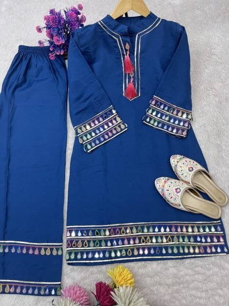 Midnight Blue Roman Silk Mirror Work Top and Palazzo Festive Outfit at Export Price Kurti With Bottom Wholesale