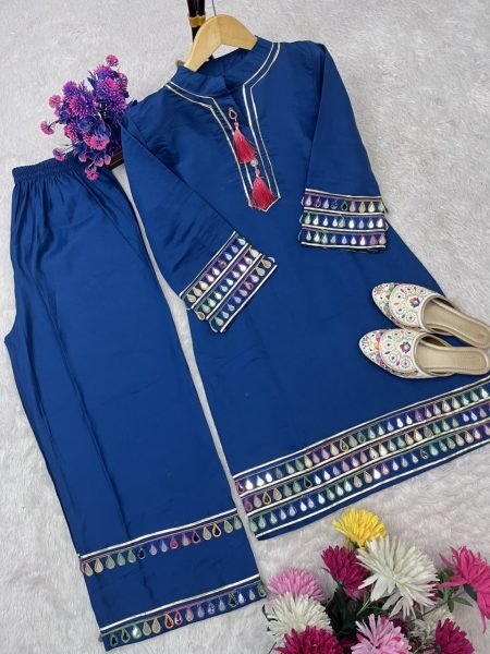 Midnight Blue Roman Silk Mirror Work Top and Palazzo Festive Outfit at Export Price Kurti With Bottom Wholesale
