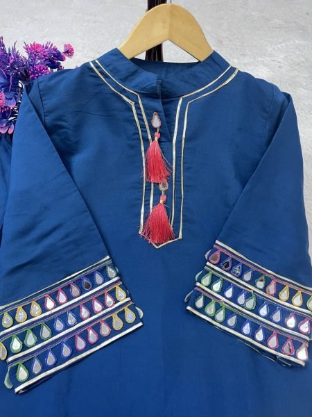 Midnight Blue Roman Silk Mirror Work Top and Palazzo Festive Outfit at Export Price Kurti With Bottom Wholesale