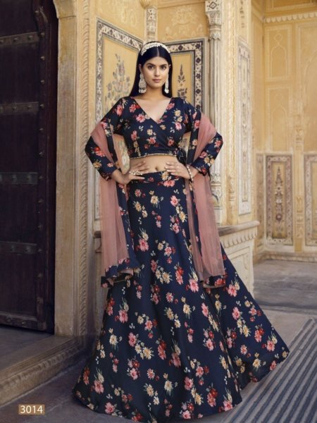 Midnight Blue Rose Print Crushed Silk Lehenga with Peach Net Dupatta   Lehenga
