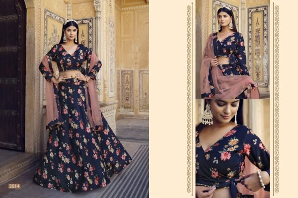 Midnight Blue Rose Print Crushed Silk Lehenga with Peach Net Dupatta  Designer Lehenga Choli