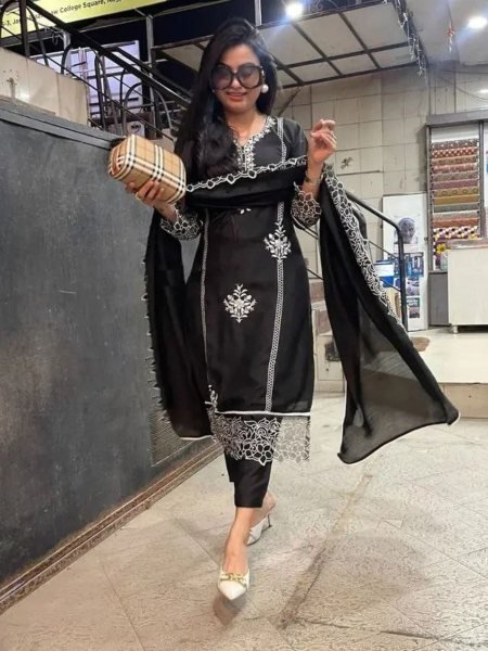 Midnight Chain Black Fox Georgette Suit Set with Luxe Embroidery & Dupatta Kurtis