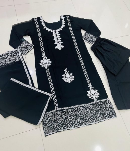 Midnight Chain Black Fox Georgette Suit Set with Luxe Embroidery & Dupatta Georgette Kurti 