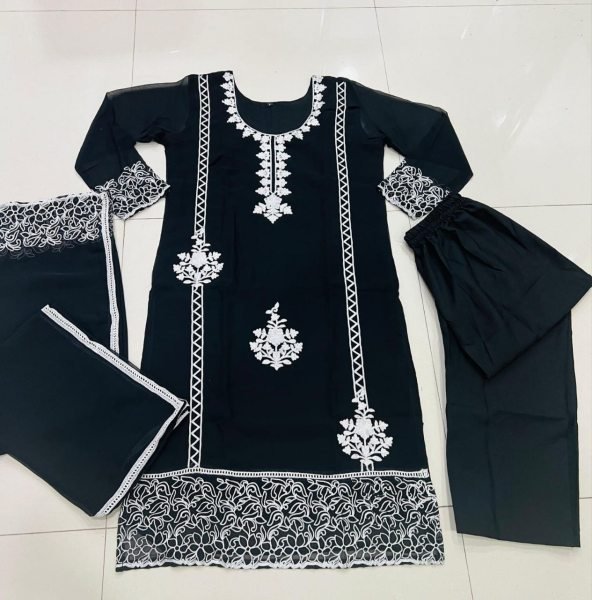 Midnight Chain Black Fox Georgette Suit Set with Luxe Embroidery & Dupatta Georgette Kurti 