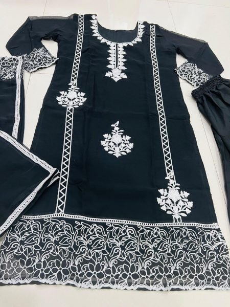 Midnight Chain Black Fox Georgette Suit Set with Luxe Embroidery & Dupatta Georgette Kurti 