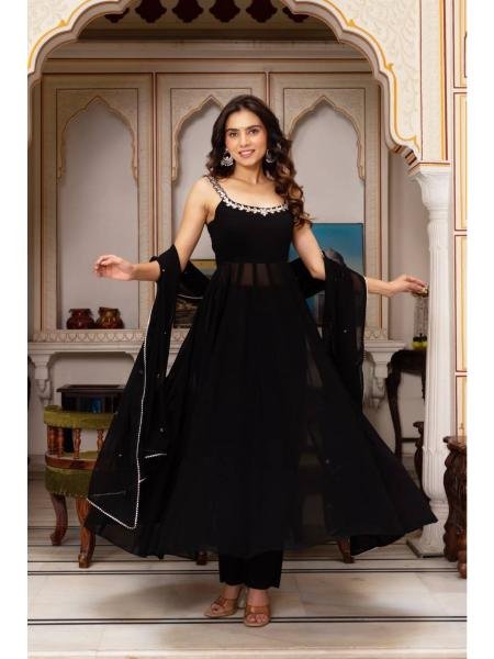 Midnight Mirror Georgette Anarkali Set with Palazzo    Dupatta Ready to Wear Kurtis