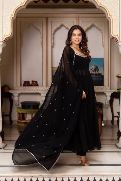 Midnight Mirror Georgette Anarkali Set with Palazzo    Dupatta Ready to Wear Anarkali Kurtis 