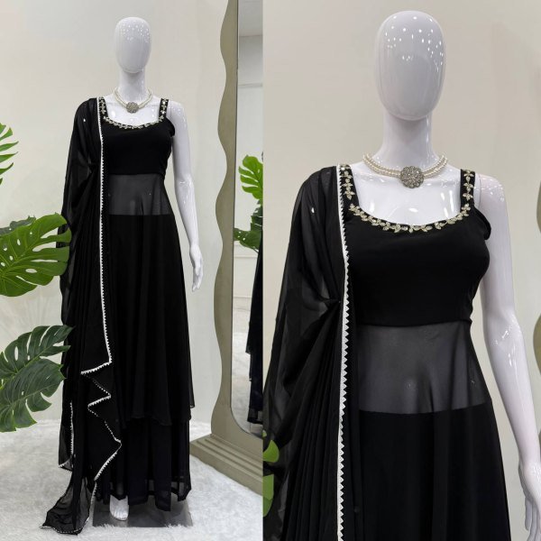 Midnight Mirror Georgette Anarkali Set with Palazzo    Dupatta Ready to Wear Anarkali Kurtis 