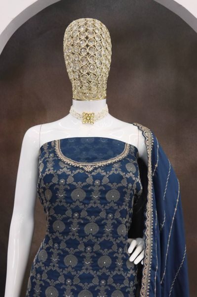 Midnight Navy Palazzo Suit Classic Jacquard Touch with Embroidered Flair Designer Plazzo Salwar Suits Wholesale