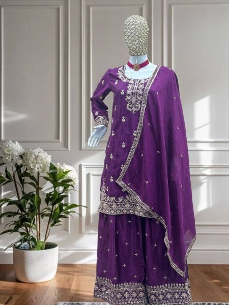Midnight Plum Chinon Kurti Plazo Set with Sequin Work For Parties Wear Ready To Wear Suit