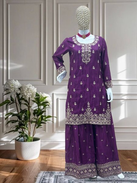 Midnight Plum Chinon Kurti Plazo Set with Sequin Work For Parties Wear Ready To Wear Collection