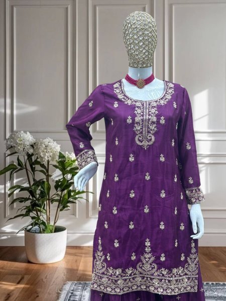 Midnight Plum Chinon Kurti Plazo Set with Sequin Work For Parties Wear Ready To Wear Collection