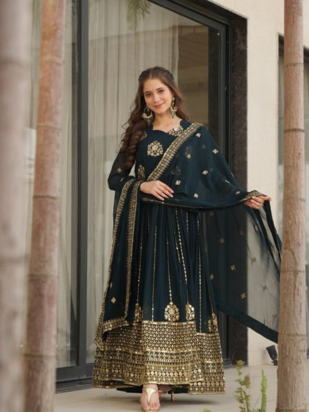 Midnight Teal Luxe Faux Blooming Gown with Heavy Sequins & Zari Border Ideal for Sangeet  Kurtis