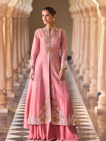 Minimalist Baby Pink Cosmos Silk Digital Print Shrug with Chinon Silk Palazzo and Blouse Set Salwar Kameez
