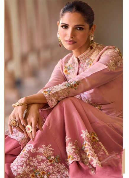 Minimalist Baby Pink Cosmos Silk Digital Print Shrug with Chinon Silk Palazzo and Blouse Set Designer Plazzo Salwar Suits Wholesale