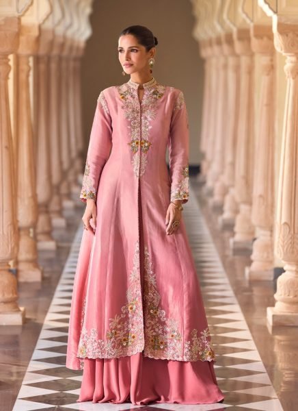 Minimalist Baby Pink Cosmos Silk Digital Print Shrug with Chinon Silk Palazzo and Blouse Set Designer Plazzo Salwar Suits Wholesale