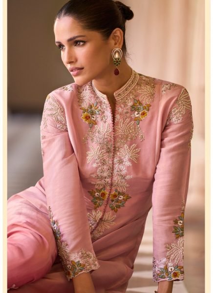 Minimalist Baby Pink Cosmos Silk Digital Print Shrug with Chinon Silk Palazzo and Blouse Set Designer Plazzo Salwar Suits Wholesale
