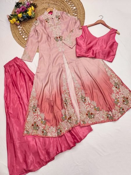 Minimalist Baby Pink Cosmos Silk Digital Print Shrug with Chinon Silk Palazzo and Blouse Set Designer Plazzo Salwar Suits Wholesale