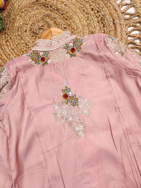 Minimalist Baby Pink Cosmos Silk Digital Print Shrug with Chinon Silk Palazzo and Blouse Set Designer Plazzo Salwar Suits Wholesale