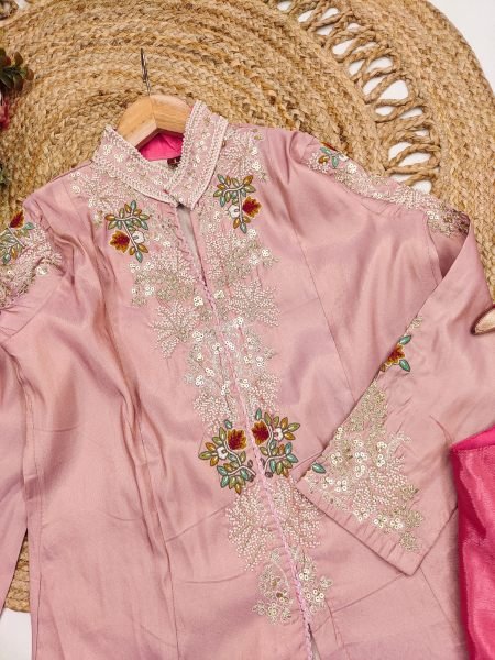 Minimalist Baby Pink Cosmos Silk Digital Print Shrug with Chinon Silk Palazzo and Blouse Set Designer Plazzo Salwar Suits Wholesale