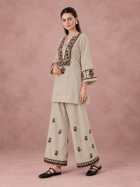 Minimalist Beige Premium Cotton Flex Embroidery Cord Set for Women Kurtis