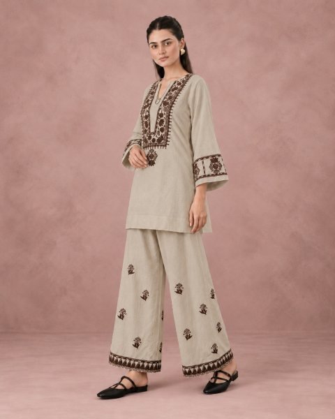 Minimalist Beige Premium Cotton Flex Embroidery Cord Set for Women CO ORD Sets