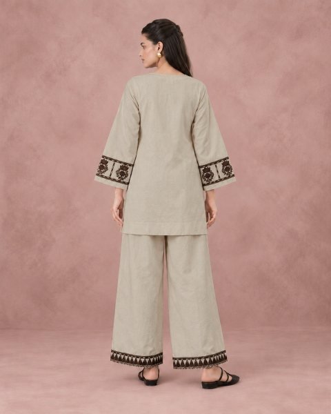 Minimalist Beige Premium Cotton Flex Embroidery Cord Set for Women CO ORD Sets