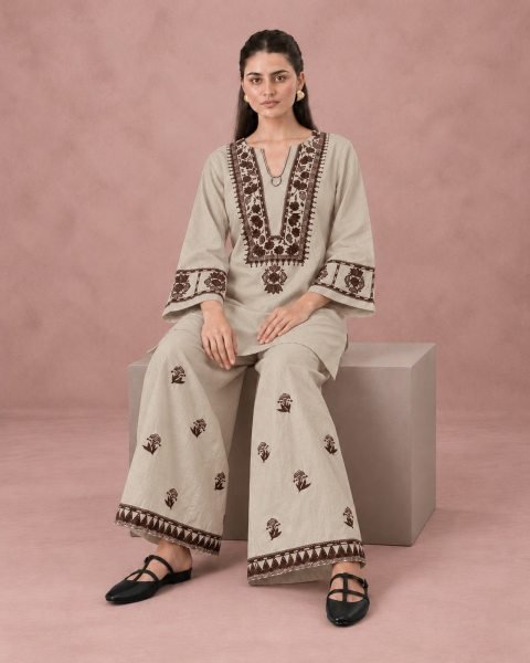 Minimalist Beige Premium Cotton Flex Embroidery Cord Set for Women CO ORD Sets