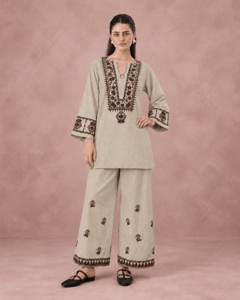 Minimalist Beige Premium Cotton Flex Embroidery Cord Set for Women CO ORD Sets