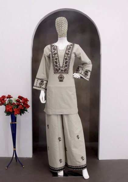 Minimalist Beige Premium Cotton Flex Embroidery Cord Set for Women CO ORD Sets