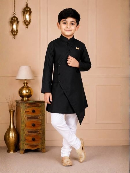 Minimalist Black Designer Kids Cotton Kurta with Matching Pajama for Festival Mens Wear