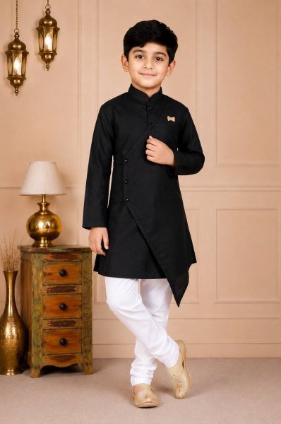 Minimalist Black Designer Kids Cotton Kurta with Matching Pajama for Festival Boys Wear