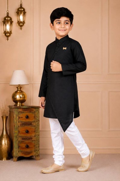 Minimalist Black Designer Kids Cotton Kurta with Matching Pajama for Festival Boys Wear