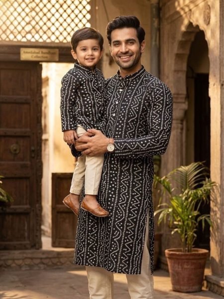 Minimalist Black Father Son Matching Cotton Kurta Pyjama Set for Festive Wear 