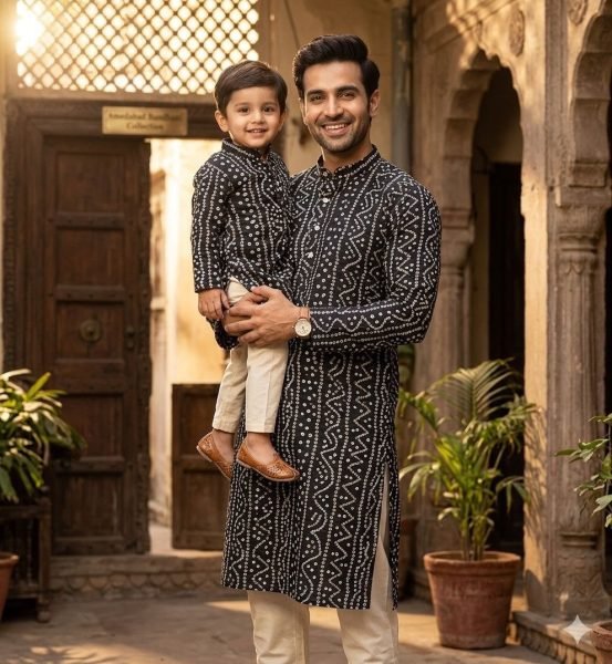 Minimalist Black Father Son Matching Cotton Kurta Pyjama Set for Festive Wear Father Son Collection 