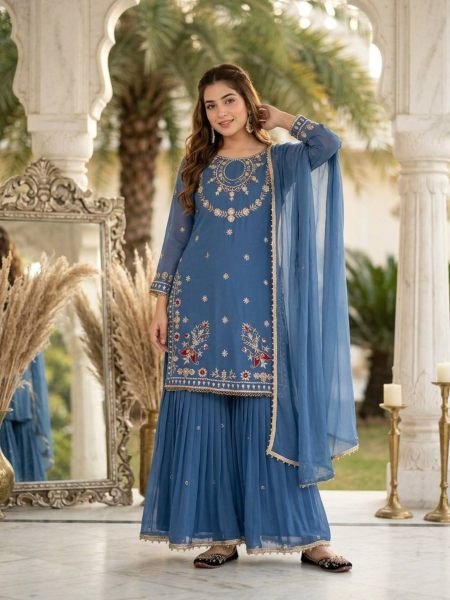 Minimalist Blue 3 Piece Faux Georgette Suit with Embroidery, Sequins and Fancy Lace Ready To Wear Suit