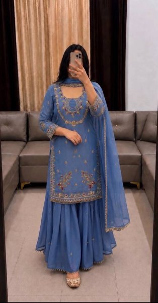 Minimalist Blue 3 Piece Faux Georgette Suit with Embroidery, Sequins and Fancy Lace Ready To Wear Collection