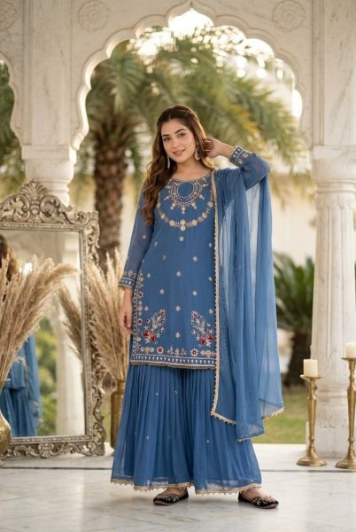 Minimalist Blue 3 Piece Faux Georgette Suit with Embroidery, Sequins and Fancy Lace Ready To Wear Collection